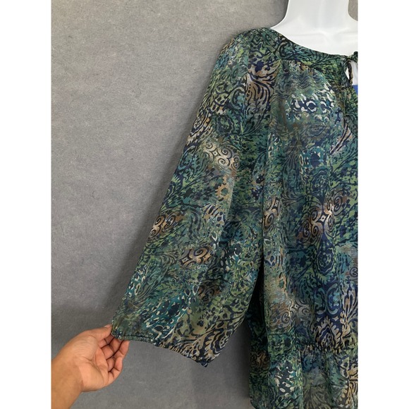 Liz Claiborne Woman‎ 3X Green Blue Paisley Long Sleeve Sheer Lined Tunic Top - Picture 6 of 13
